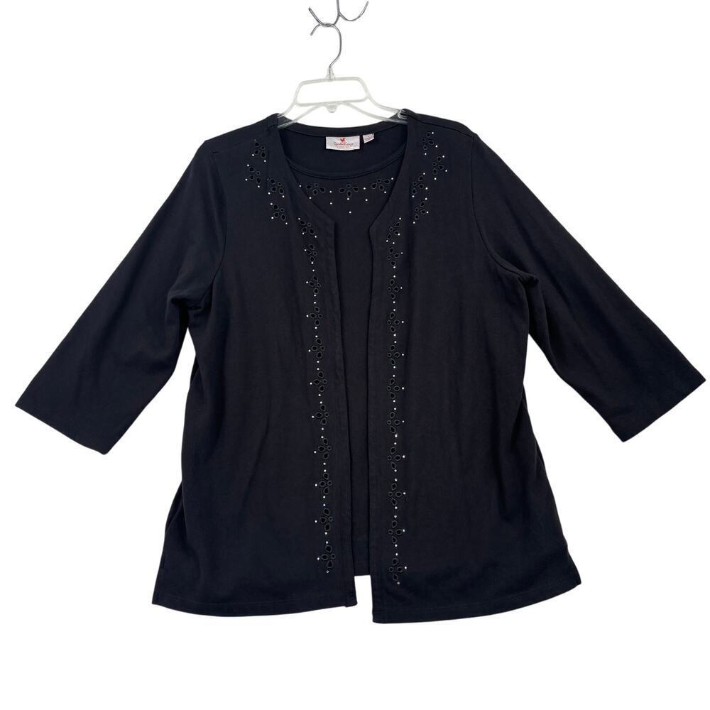 Quacker Factory Duet Knit Top Size L Black Eyelet Rhinestone 3/4 Sleeve Cotton